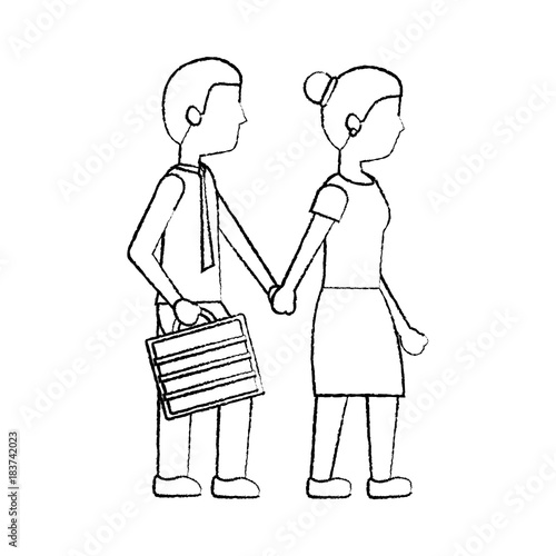 couple holding hands walk with briefcase vector illustration sketch