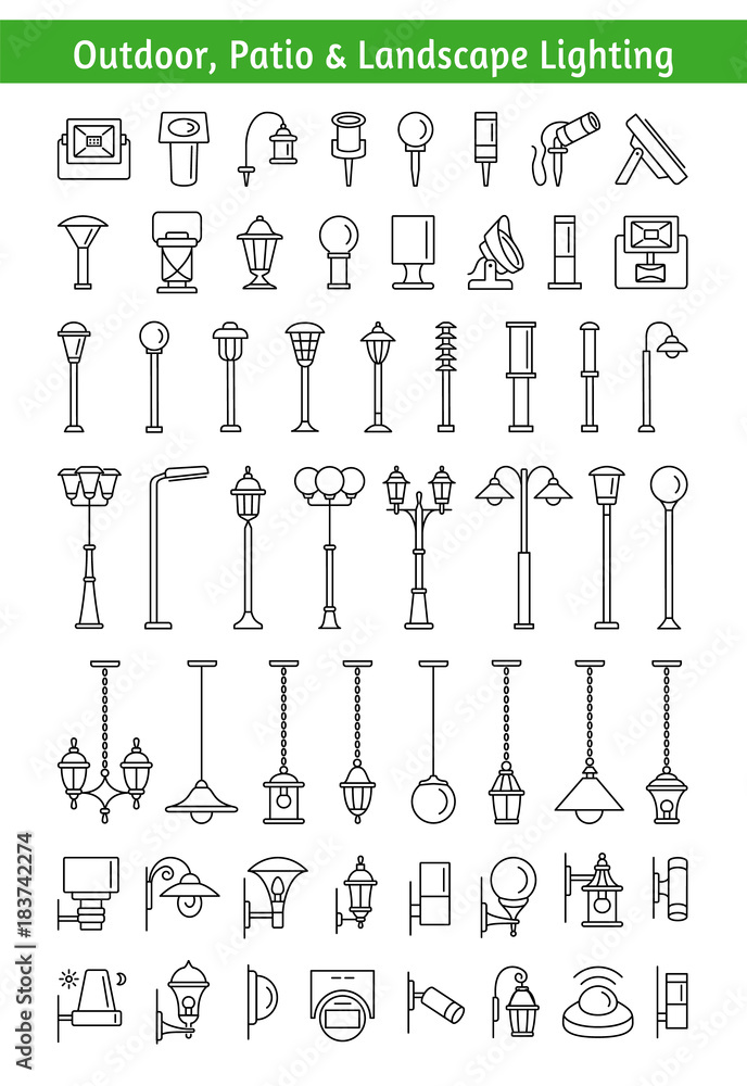 Outdoor, patio & landscape lighting. Еxterior light fixtures. Line icon set. Outdoor, patio & landscape lighting. Еxterior light fixtures. Line icon set.