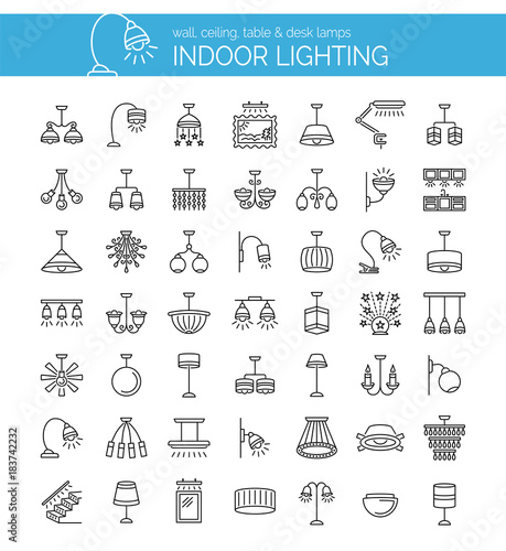Lamps and lighting. Home illumination. Vector line icons set.