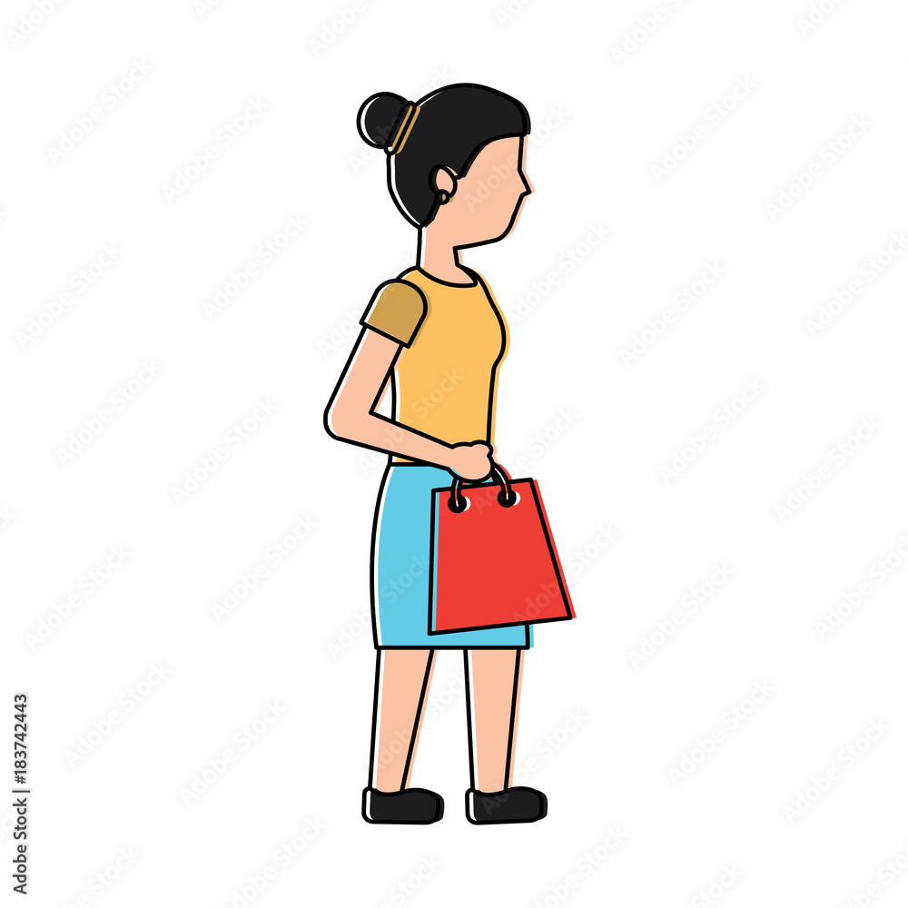 young woman walking with shopping bag vector illustration