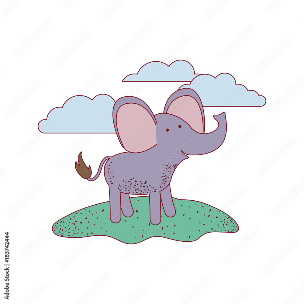elephant cartoon in outdoor scene with clouds on colorful silhouette with thin contour vector illustration elephant cartoon in outdoor scene with clouds on colorful silhouette with thin contour vector illustration