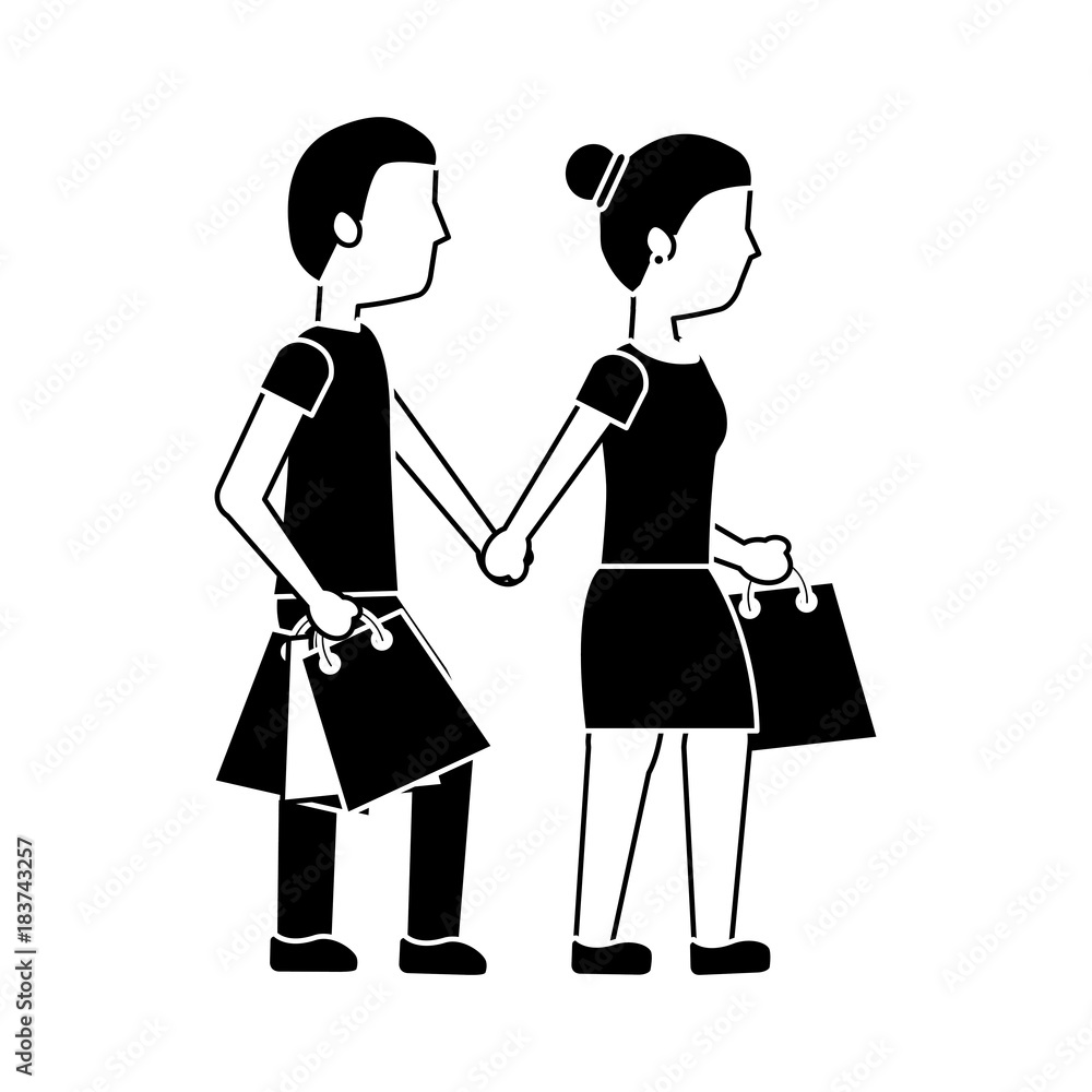 couple walking with shopping paper bag vector illustration black image couple walking with shopping paper bag vector illustration black image