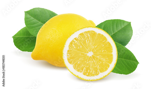 Lemon with leaves isolated on white background.