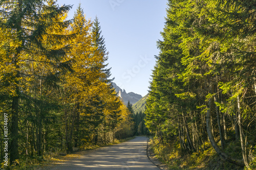 Beautiful autumn landscape road to Morskie Oko. Tatra Mountains. Poland.