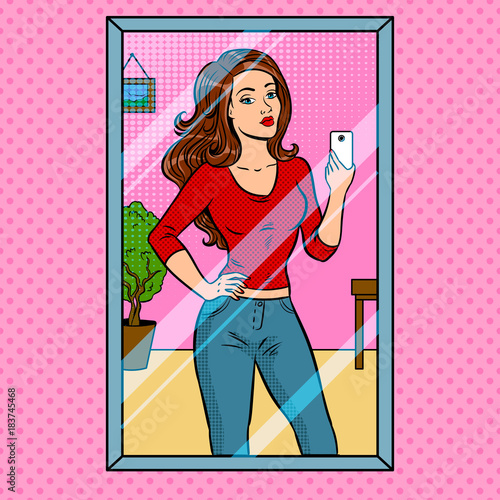 Girl is making selfie in the mirror pop art vector