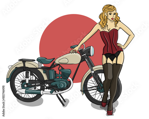 A girl with blonde curly hair dressed in a red corset, gray underwear and stockings stands next to a light gray motorcycle eps 10 illustration