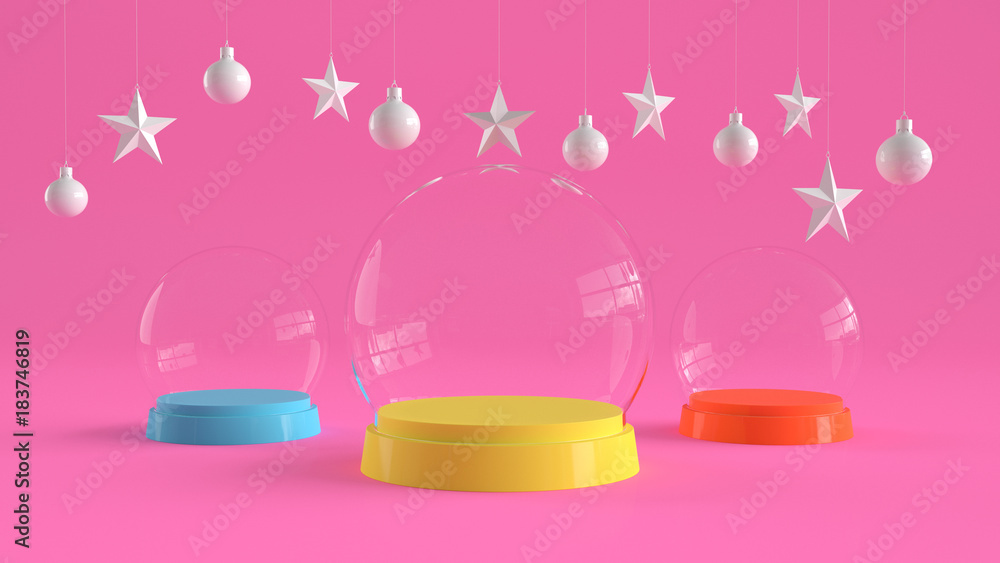 Three glass domes with colorful tray color on pastel pink background with hanging white balls and stars ornaments. For new year or Christmas theme. 3D rendering.
