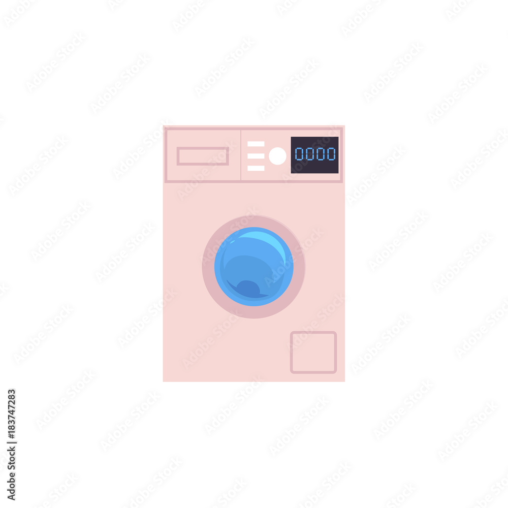 Front view picture of automatic household washer, washing machine with timer, cartoon vector illustration isolated on white background. Front view cartoon washing machine, washer, household appliance Front view picture of automatic household washer, washing machine with timer, cartoon vector illustration isolated on white background. Front view cartoon washing machine, washer, household appliance