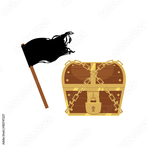 vector flat pirates symbols set icon. isolated ilustration on a white background. black ragged flag, closed locked and chained treasure chest. Adventure and risk signs.