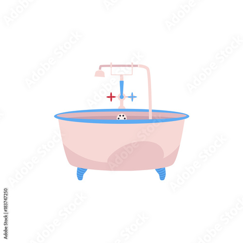 Side view clawfoot bathtub, bath tub with faucet, cold and hot water handles and douche, cartoon vector illustration isolated on white background. Side view cartoon bathtub with water facet and douche