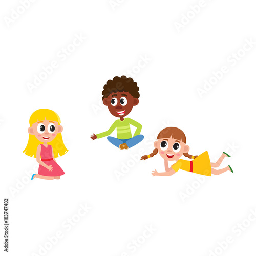 vector flat african boy and caucasian girls kids sitting at floor in kindergarten  preschool class chating with each other. Isolated illustration on a white background.