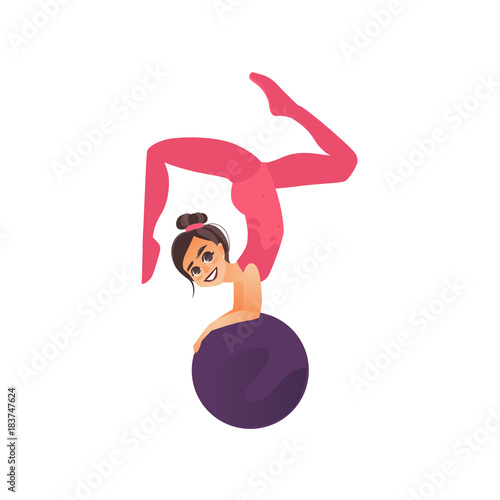 Little gymnast, acrobat girl doing handstand on ball, cartoon vector illustration isolated on white background. Pretty flexible acrobat girl doing handstand exercise with big gymnast ball, side view