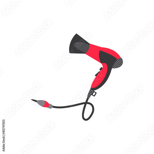 vector flat cartoon highly detailed modern hair dryer. Red colored consumer electronics equipment icon image. Isolated illustration on a white background.
