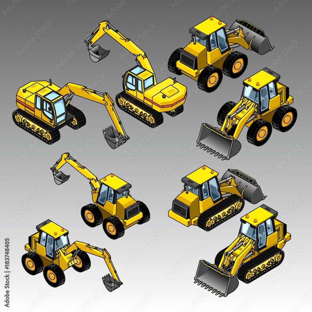 3d isometric construction machines set 3d isometric construction machines set