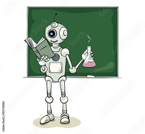 Chemistry teacher / funny robot with test tube, vector illustration