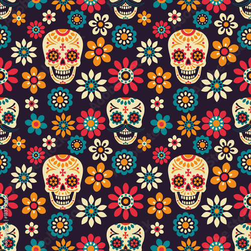 Day of the Dead. Seamless vector pattern with sugar skulls and flowers on dark background.