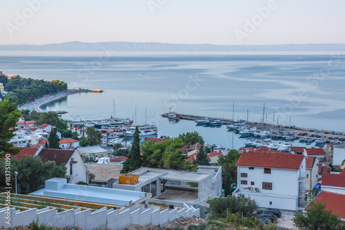 Aerial view on Adriatic Sea and Baska Voda place in Makarska Riviera, Dalmatia region, Croatia.