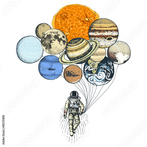 astronaut spaceman. planets in solar system. astronomical galaxy space. cosmonaut explore adventure. engraved hand drawn in old sketch. moon and the sun and earth, mars and venus, balloons.