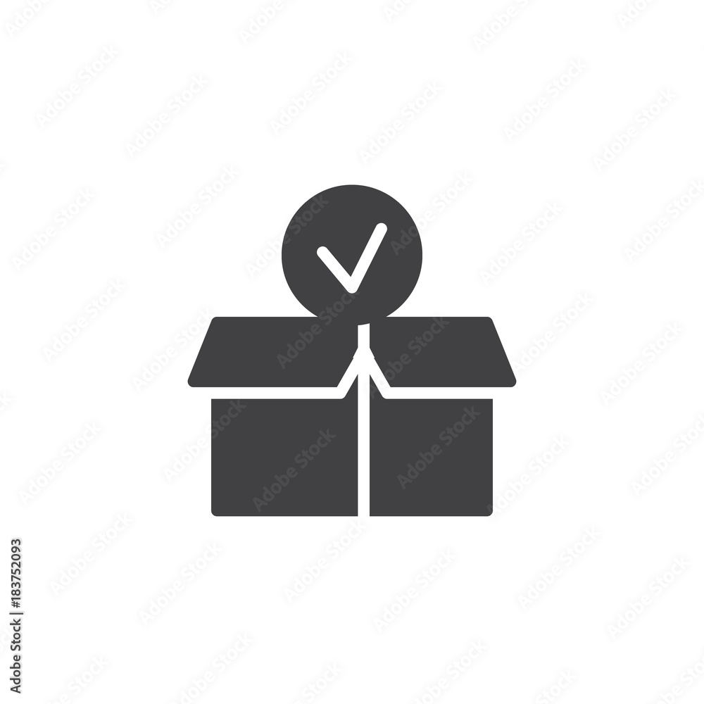 Package paper box with check mark icon vector, filled flat sign, solid pictogram isolated on white. Checked delivery box symbol, logo illustration. Package paper box with check mark icon vector, filled flat sign, solid pictogram isolated on white. Checked delivery box symbol, logo illustration.