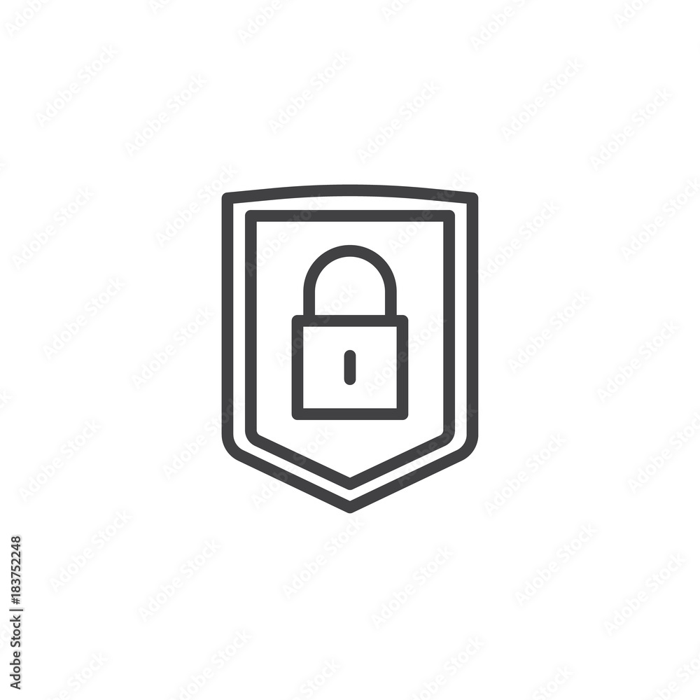 Security shield with lock line icon, outline vector sign, linear style pictogram isolated on white. Protection padlock symbol, logo illustration. Editable stroke Security shield with lock line icon, outline vector sign, linear style pictogram isolated on white. Protection padlock symbol, logo illustration. Editable stroke
