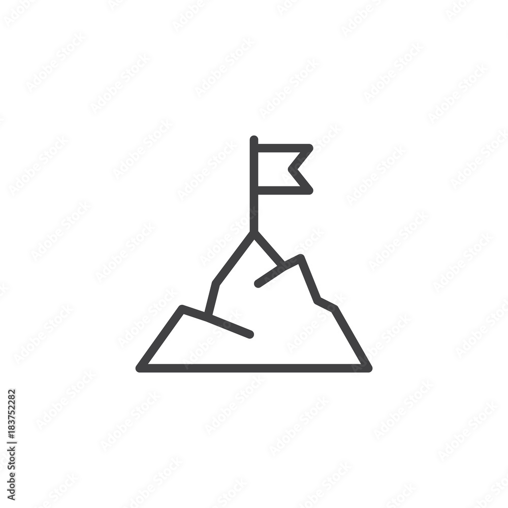 Flag on mountain peak line icon, outline vector sign, linear style pictogram isolated on white. Achievement goal symbol, logo illustration. Editable stroke Flag on mountain peak line icon, outline vector sign, linear style pictogram isolated on white. Achievement goal symbol, logo illustration. Editable stroke