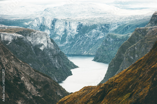 Fjord and Mountains Naeroyfjord Landscape aerial view in Norway beautiful scenery scandinavian wild nature photo