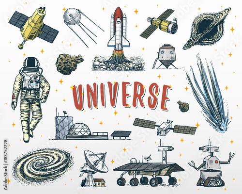 astronaut spaceman. planets in solar system. astronomical galaxy. cosmonaut explore adventure. engraved hand drawn in old sketch, vintage style. space shuttle, telescope, robot and mars, lunar rover.