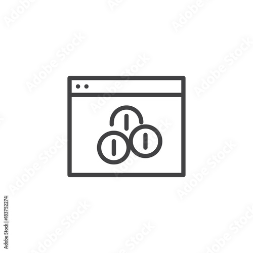 Website monetization line icon, outline vector sign, linear style pictogram isolated on white. Coins and web browser symbol, logo illustration. Editable stroke