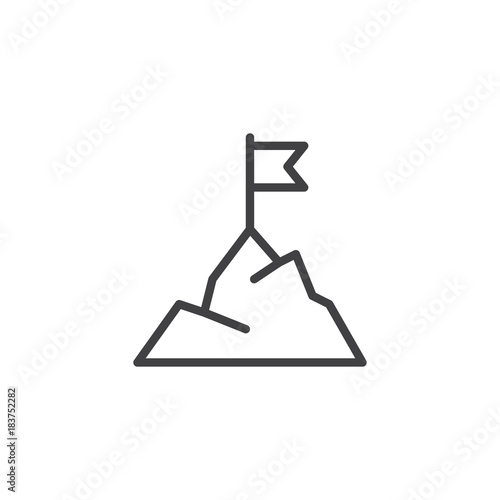 Flag on mountain peak line icon, outline vector sign, linear style pictogram isolated on white. Achievement goal symbol, logo illustration. Editable stroke