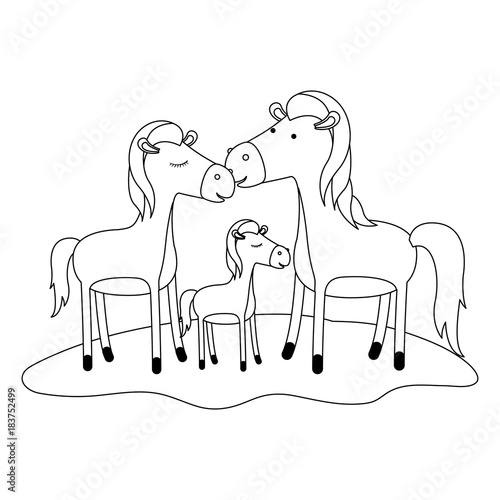 horses couple and foal over grass in monochrome silhouette vector illustration