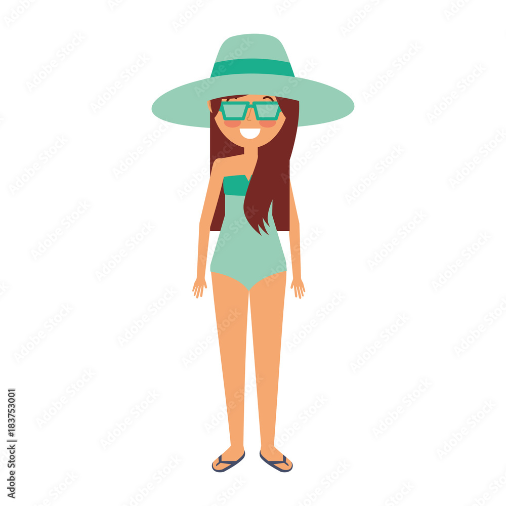 woman mother wear swimsuit hat sunglasses and flip flops vector illustration woman mother wear swimsuit hat sunglasses and flip flops vector illustration