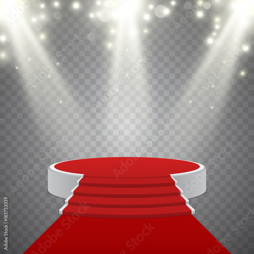 Round podium with red carpet and blurred light effect, vector design
