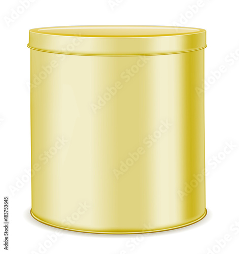 Round gold metal can for food, cookies and gifts.