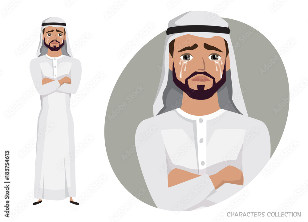 Crying Arab Man character. Negative emotion facial expression feeling.