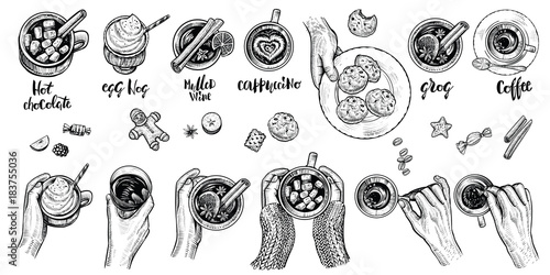 Hot drinks with holding hands top view, vector illustration. Set of hand drawn beverages.