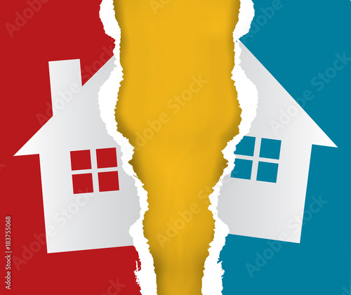 Division of immovable property.
Ripped paper with the symbol of the house symbolizing division of property. Vector available. photo