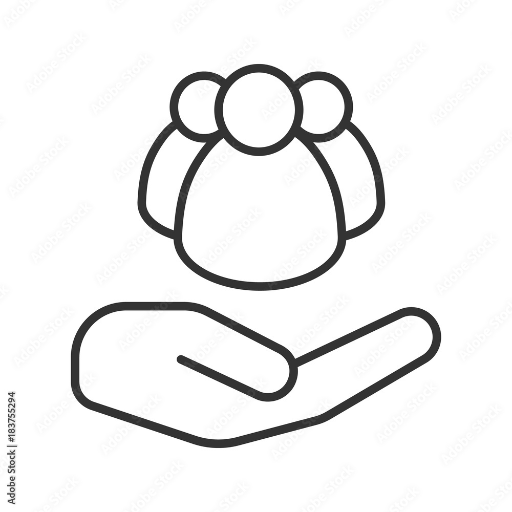 Open hand with group of people linear icon Open hand with group of people linear icon