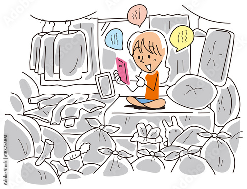 ゴミまみれの部屋でスマホをさわる女性