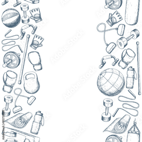 Seamless vertical borders of fitness accessories, sketch cartoon illustration of gym equipment for home exercise. Vector