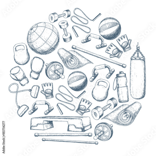 Set of fitness accessories, sketch cartoon illustration of gym equipment for home exercise. Vector