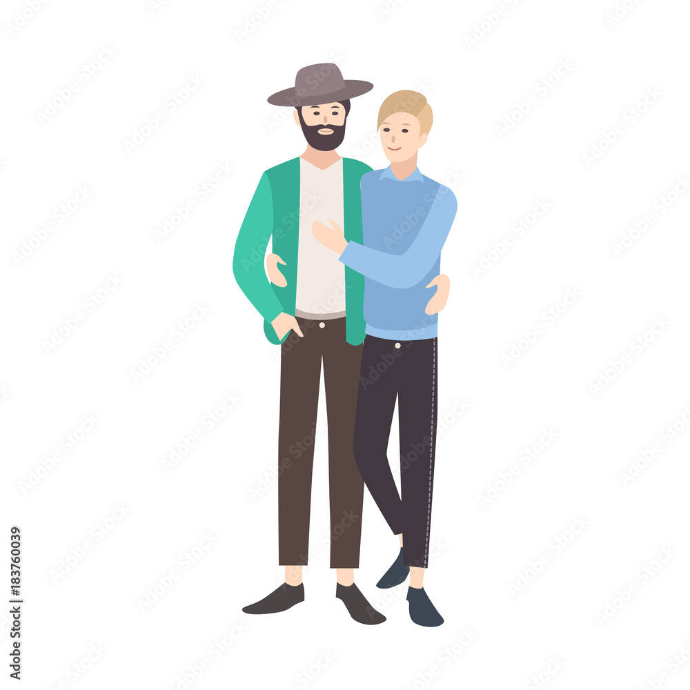 Couple of young men dressed in modern clothing standing together, embracing and smiling. Cute gay couple. Male cartoon characters isolated on white background. Colorful flat vector illustration.