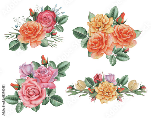 Hand painted watercolor charming combination of Flowers and Leaves, isolated on white background.