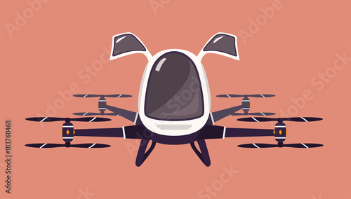 Taxi drone or passenger quadcopter. Flying futuristic rotor vehicle. Modern unmanned electric aircraft or automated quadrotor isolated on pink background. Cartoon colorful vector illustration.