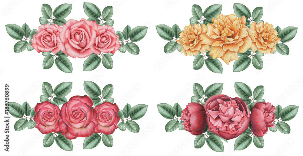 Hand painted watercolor charming combination of Flowers and Leaves, isolated on white background.