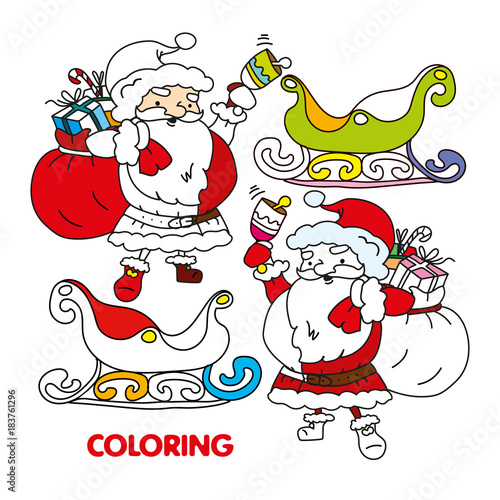 Silhouette of Santa Claus with a bag of gifts, ringing bell and sleigh. Vector on white background. For a children's magazine, postcards, newspapers. Thin line silhouette lines and decorated details.