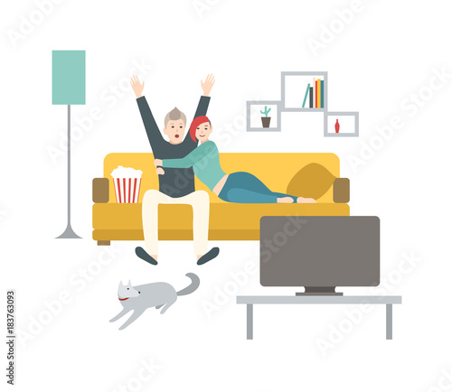 Happy man and woman sitting on comfortable couch, eating popcorn and watching sport game on TV. Cute young married couple spending time together at home. Flat cartoon colorful vector illustration.