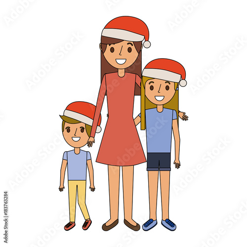 family mom and their kids with christmas hat vector illustration © Gstudio