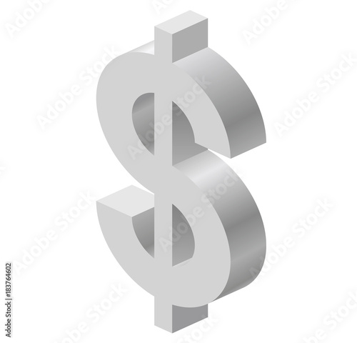 Dollar logo in isometric perspective. Modern symbol, cryptocurrency in minimalist gray stylization. Graphic icon of USA currency, internet investing. Three dimensional symbol, buck mark.