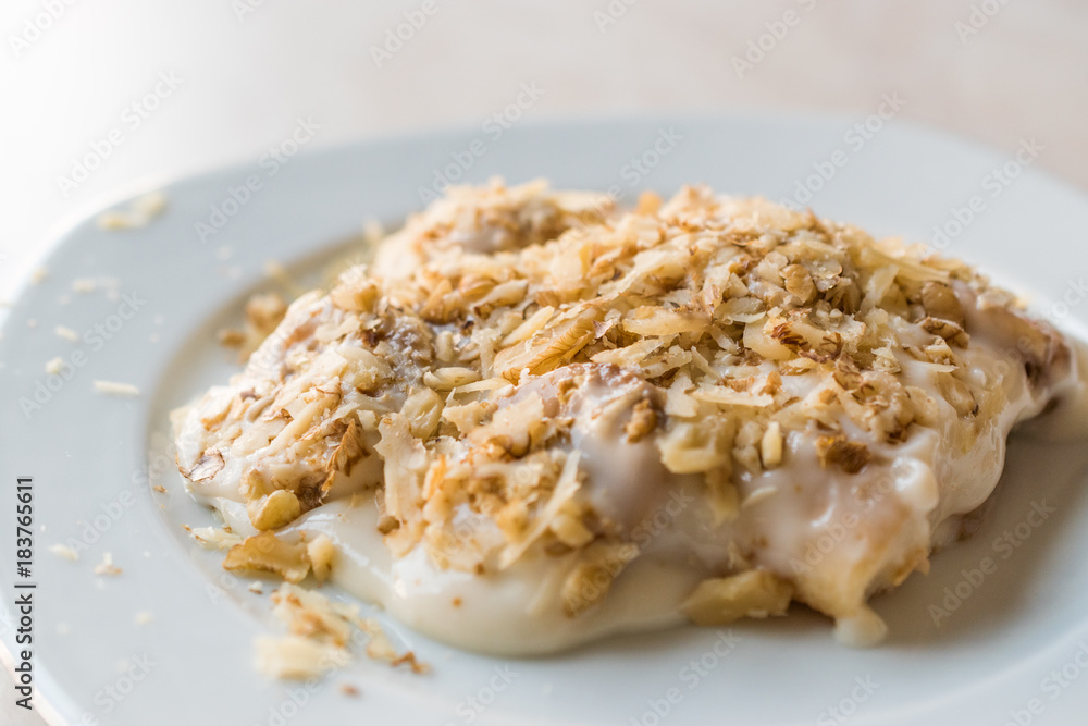 Turkish Muhallebi Pudding with Walnut, Banana and Ladyfinger Biscuits