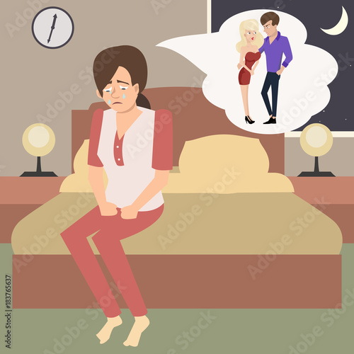 crying woman  in the bedroom imagines adultery vector illustration